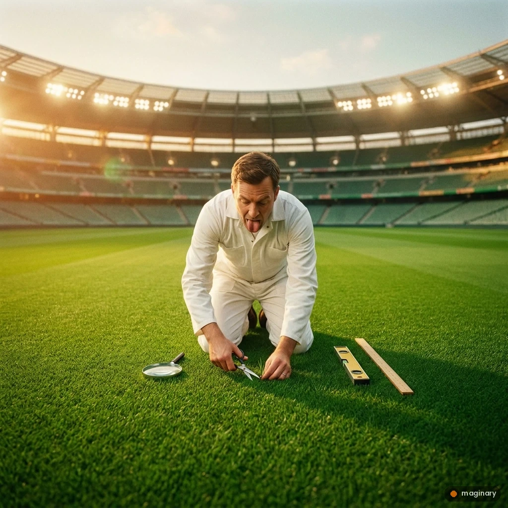 Groundskeeper kneeling on a vast stadium lawn, trimming individual blades of grass with tiny scissors at golden hour.