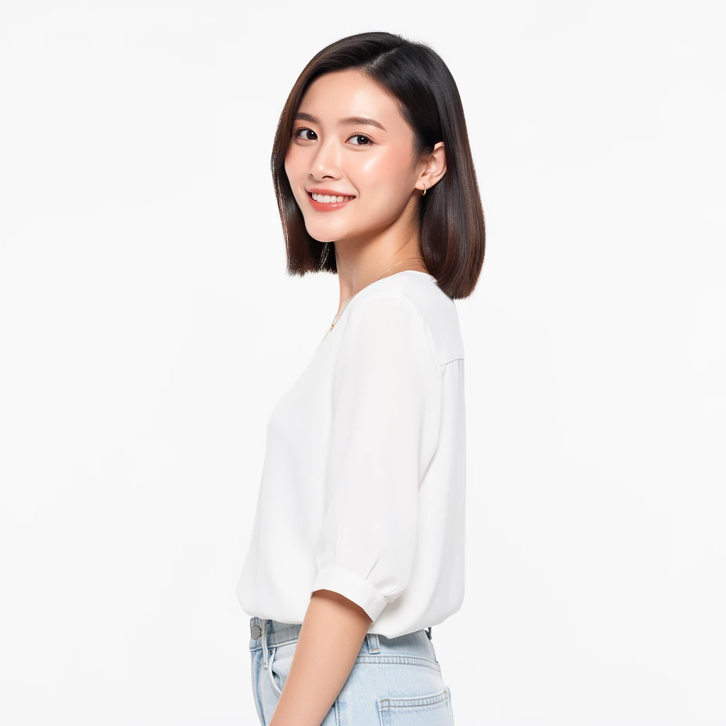 Cheerful East Asian Woman in White Blouse and Jeans