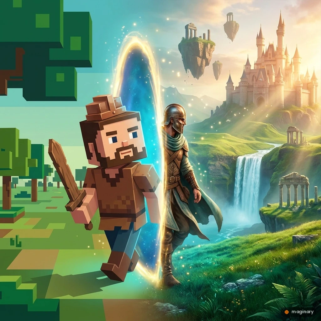 Blocky pixel knight stepping through a glowing portal into a lush photorealistic fantasy landscape at dawn.