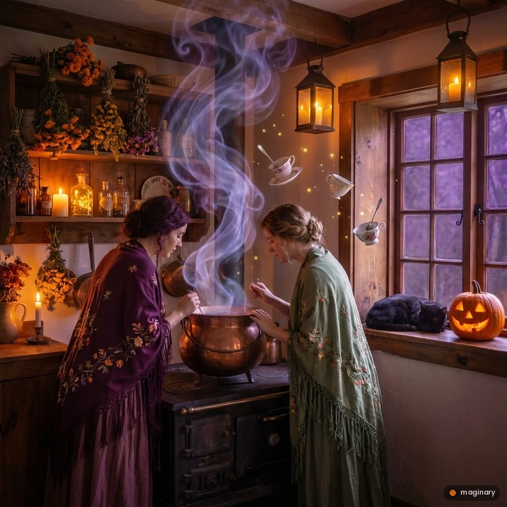 Two witch sisters brew glowing potions in a cozy candlelit Victorian kitchen with a black cat and swirling magic smoke.